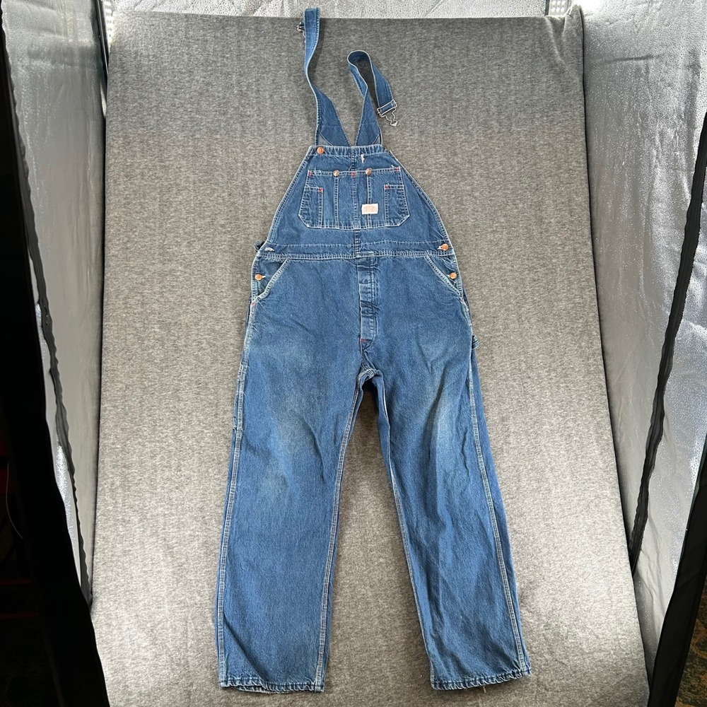 Vintage Round House Mens Blue Denim Carpenter Overalls Workwear Fit USA Made